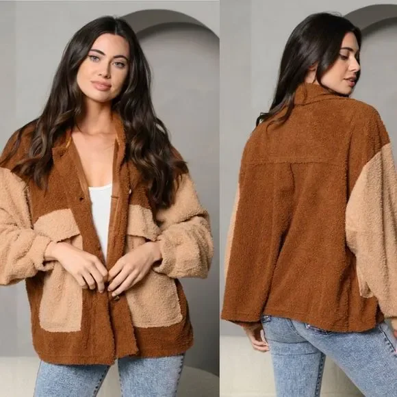 Peach Love Teddy Jacket Color block Chestnut brown taupe small - Picture 7 of 10
